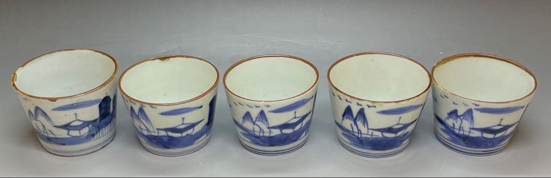 蕎麦猪口　葛家山水図　古伊万里　切込　蛇の目高台　5客　C4011