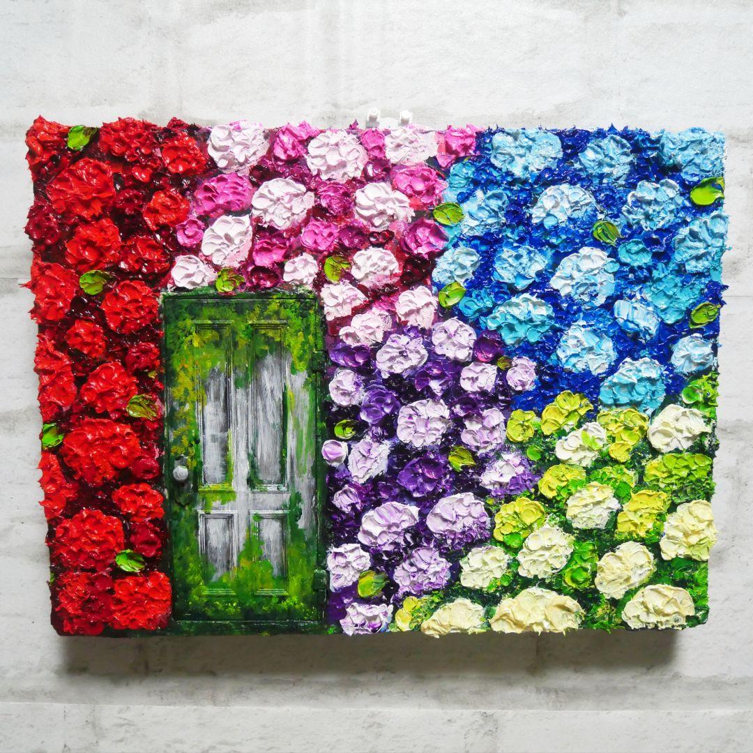 油絵 油彩 油彩画 絵画 絵【扉の先の紫陽花の階段】