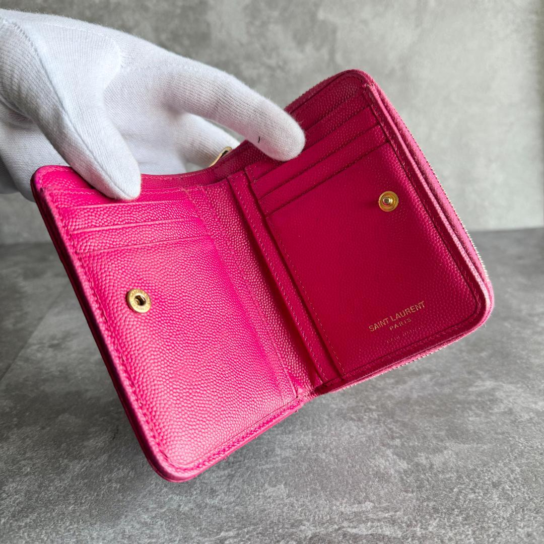 ⭐️サンローラン⭐️ Vステッチ コンパクトウォレット ピンク YSLロゴ