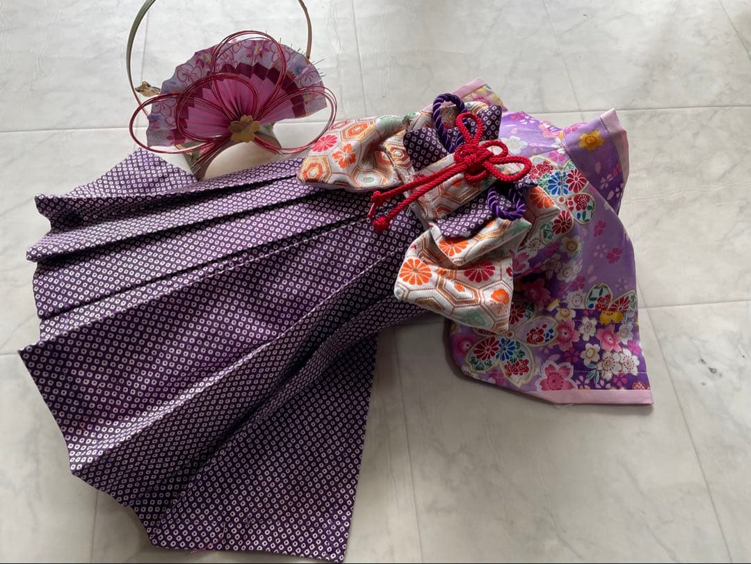 fumi s わんちゃ袴の着物オーダー作成　流れ桜/鹿の子柄袴　紫　計２着