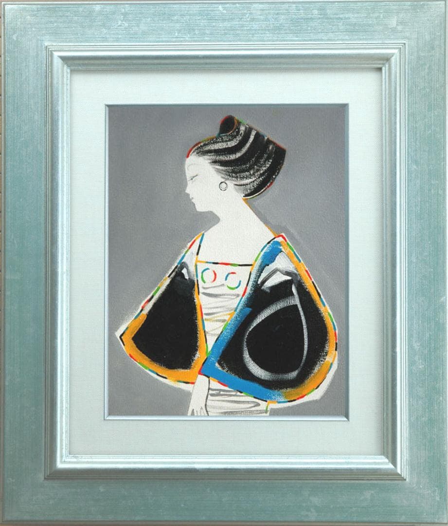 油絵 菅家令子 絵 絵画インテリア額付(青緑＋金色の枠) F3-010411女性