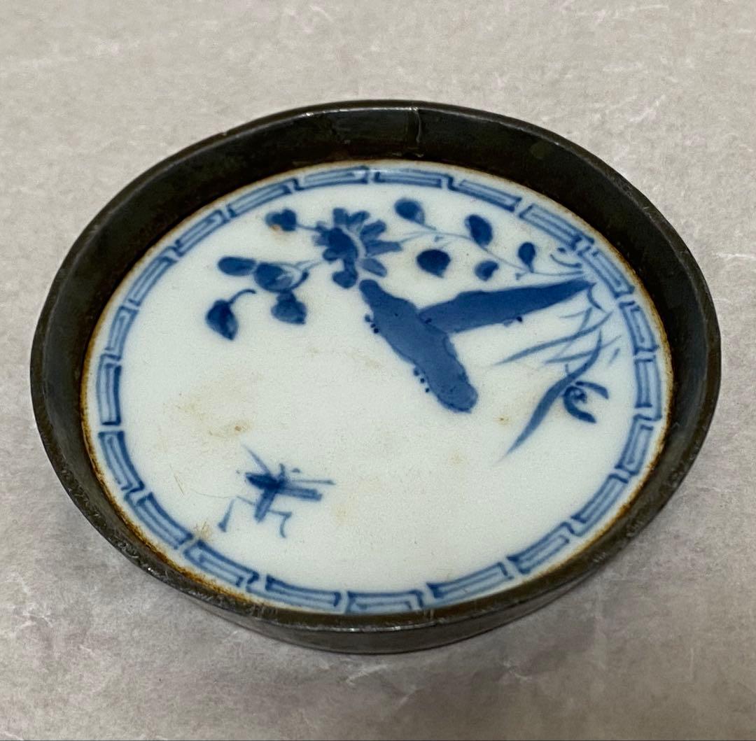 煎茶道具　中国唐物　古錫茶托　浄足銘　花に虫図染付　希少