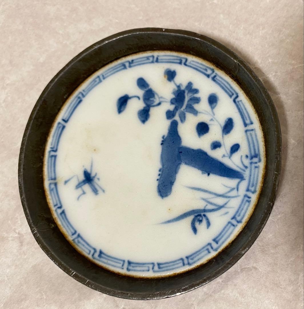 煎茶道具　中国唐物　古錫茶托　浄足銘　花に虫図染付　希少