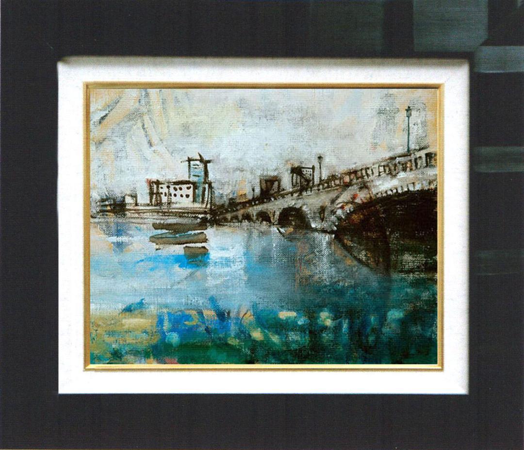 油絵 菅家令子 絵 絵画インテリア額付(黒) F4-090914 風景万代橋新潟