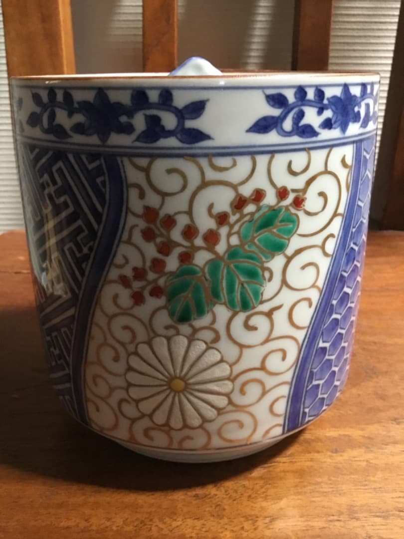 骨董市 アンティーク 茶道具　水指　京焼 葵　菊　亀甲　金　青