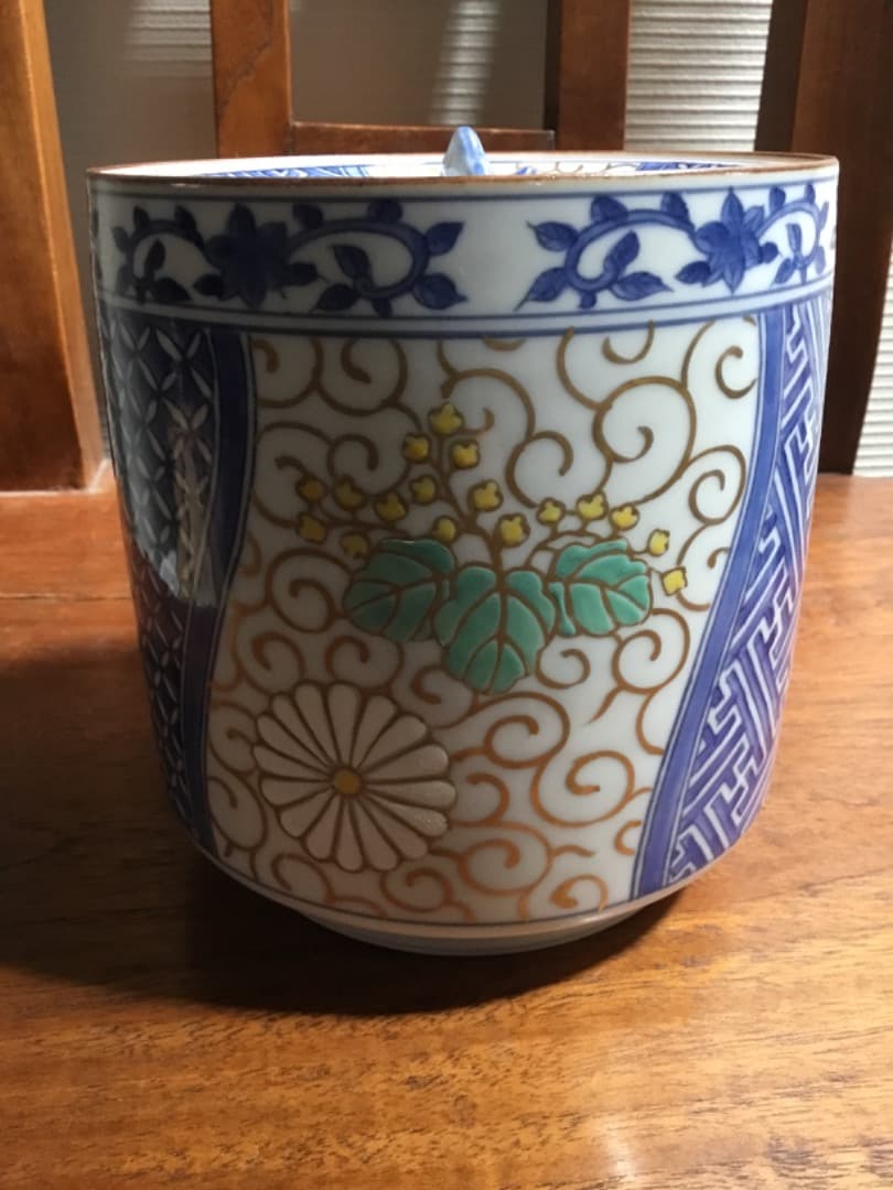 骨董市 アンティーク 茶道具　水指　京焼 葵　菊　亀甲　金　青