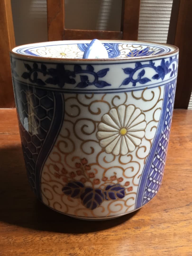 骨董市 アンティーク 茶道具　水指　京焼 葵　菊　亀甲　金　青