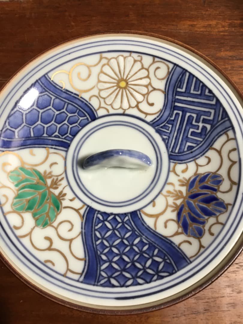 骨董市 アンティーク 茶道具　水指　京焼 葵　菊　亀甲　金　青