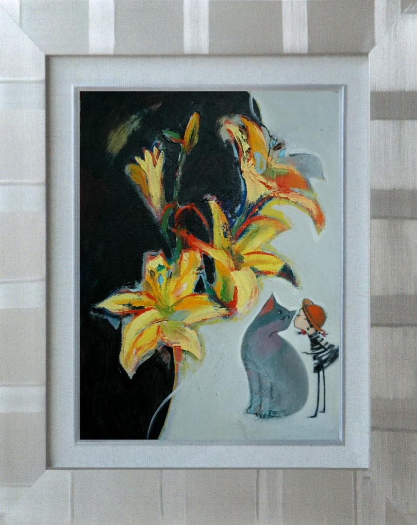 油絵 菅家令子絵 絵画インテリア額付(青緑＋金色の枠)uF6-050320猫女子