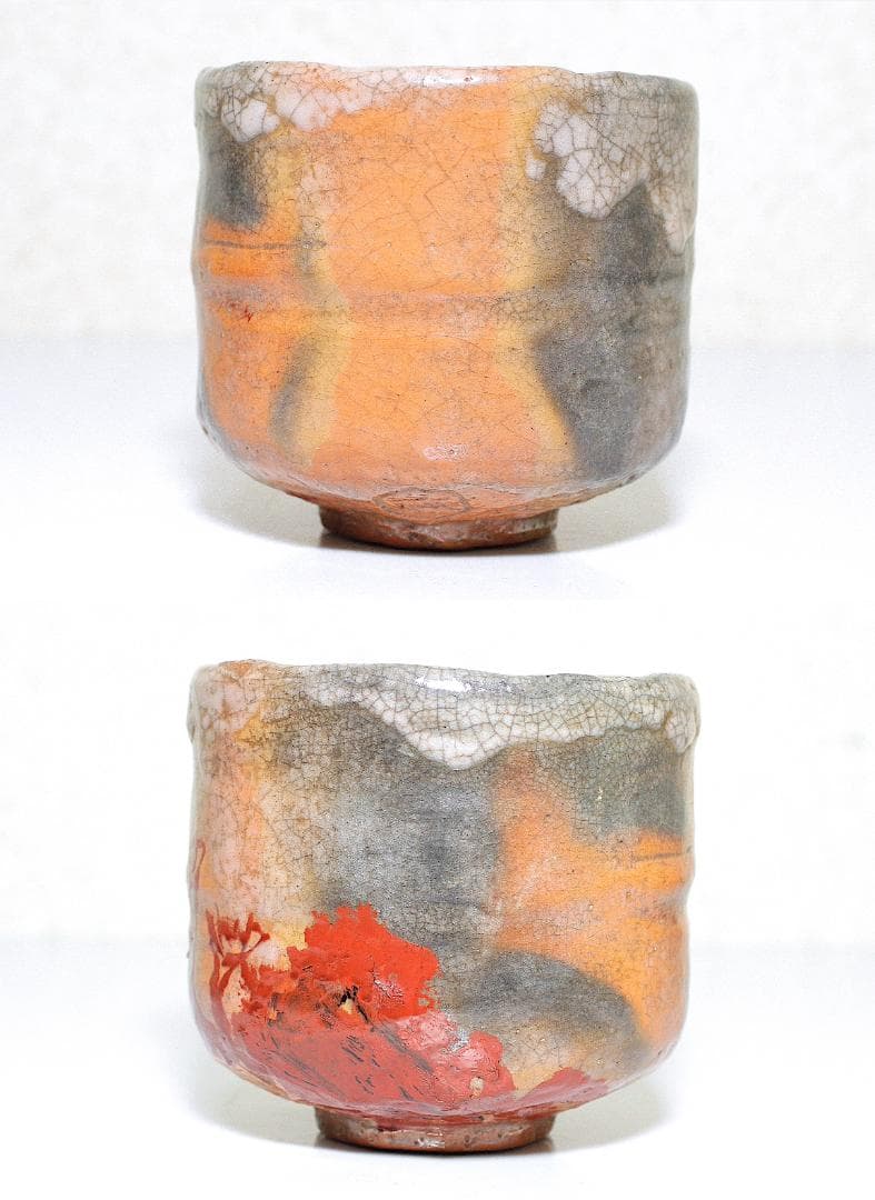 四代 清水六兵衛(1848-1920) 赤楽 紅葉漆絵 筒茶碗