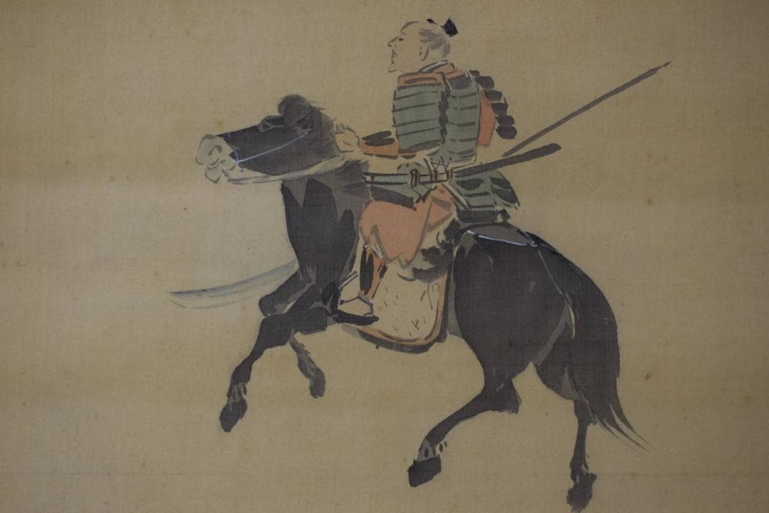 【真作】渡辺南岳/武者絵之図/馬上人物図/掛軸☆宝船☆X-236　JM