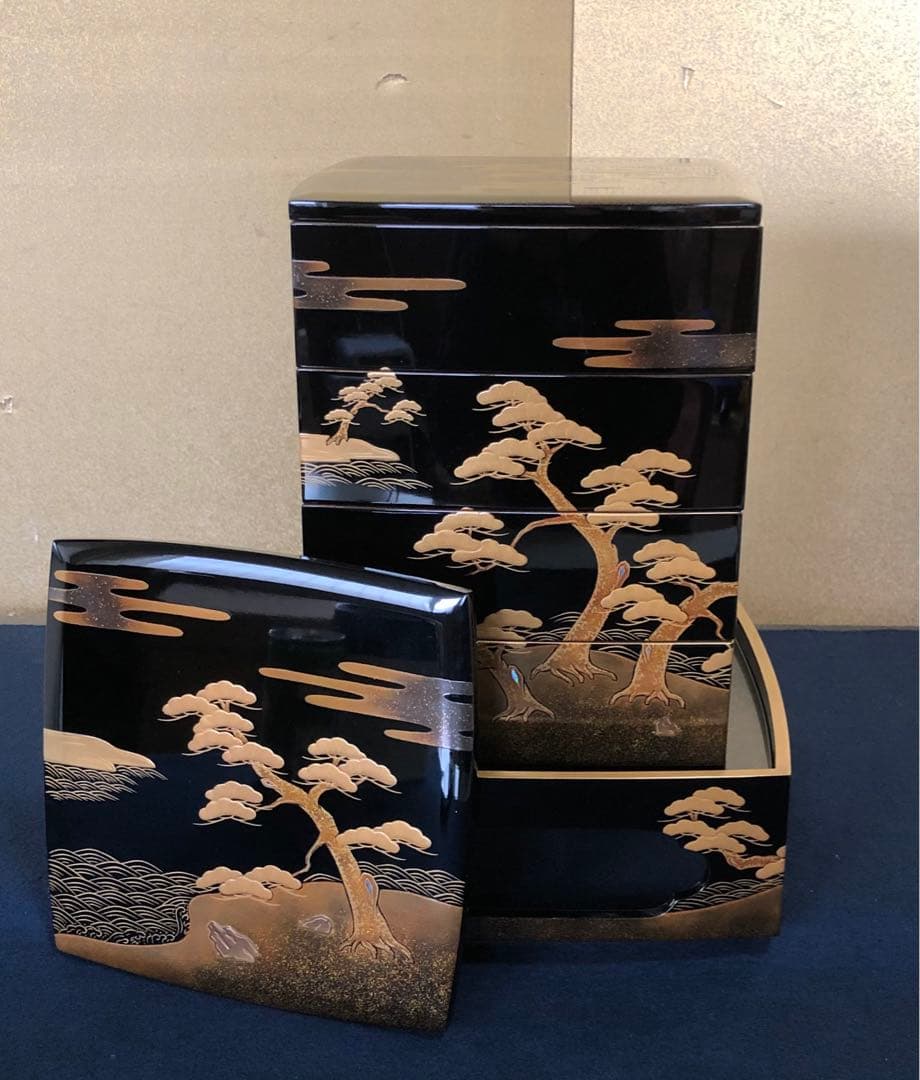 《R》輪島塗 四段重 替蓋 重台付 五島屋謹製 共布 共箱 251118え3