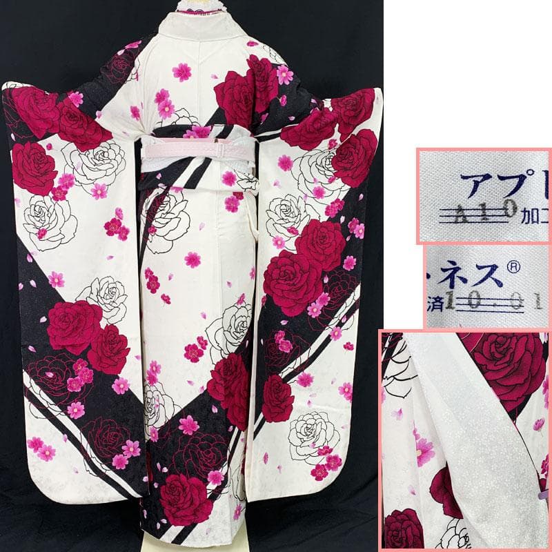 510z3.508y20.小物☆振袖 銀通し モダン 金彩 地紋 薔薇 白黒☆