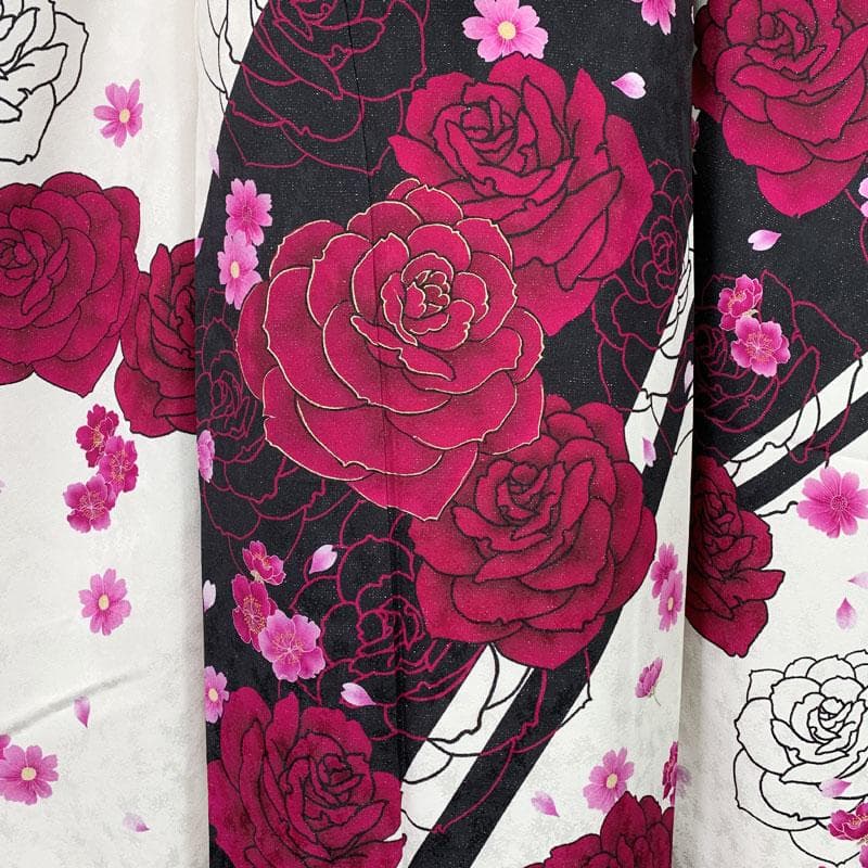 510z3.508y20.小物☆振袖 銀通し モダン 金彩 地紋 薔薇 白黒☆