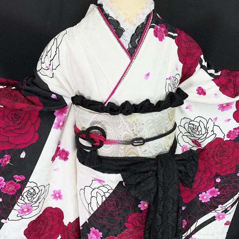 510z3.508y20.小物☆振袖 銀通し モダン 金彩 地紋 薔薇 白黒☆