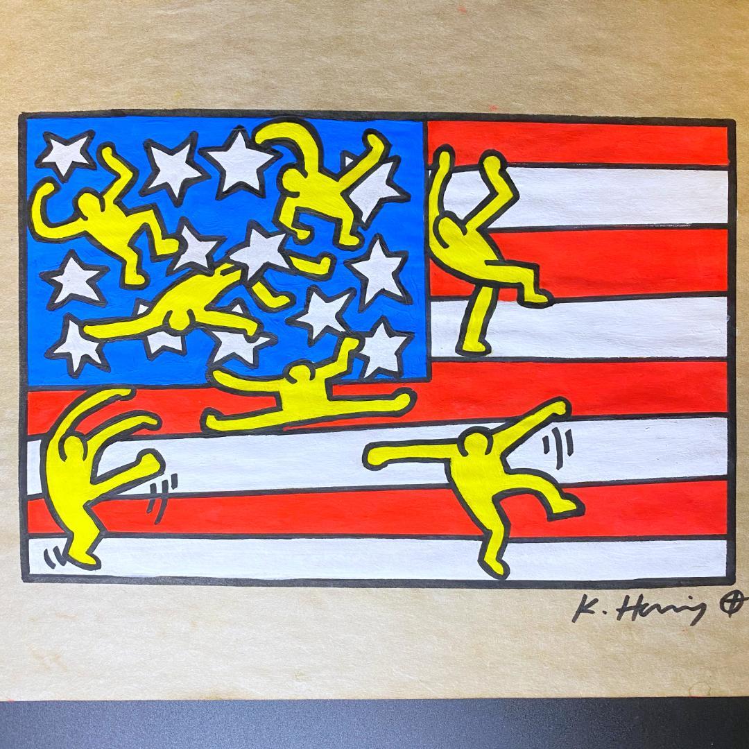【模写】キース・ヘリング ドローイング 水彩 手描き サイン・スタンプ入 額装済