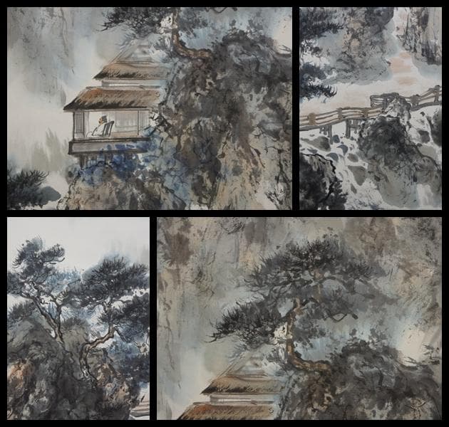 中国画家 周杏生 掛軸『山水漢詩風景図』傅二石師事 肉筆 紙本