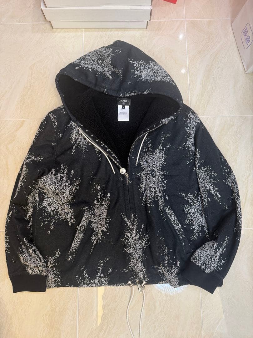 SOS　CHANEL フリース裏地 ブラックパーカー XL