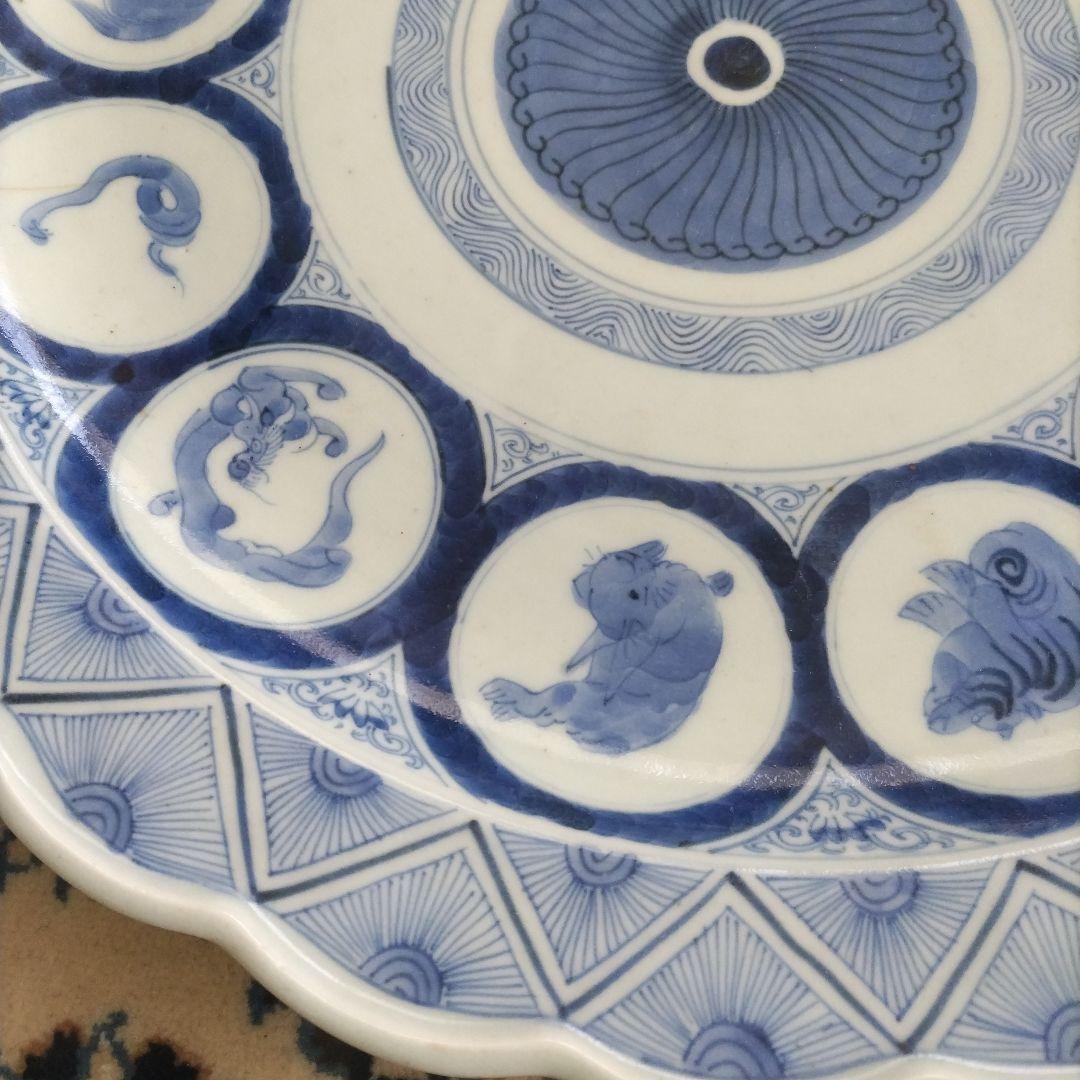 時代 十二支 大皿 染付 江戸 41.5cm 古伊万里 図変わり 珍品 干支