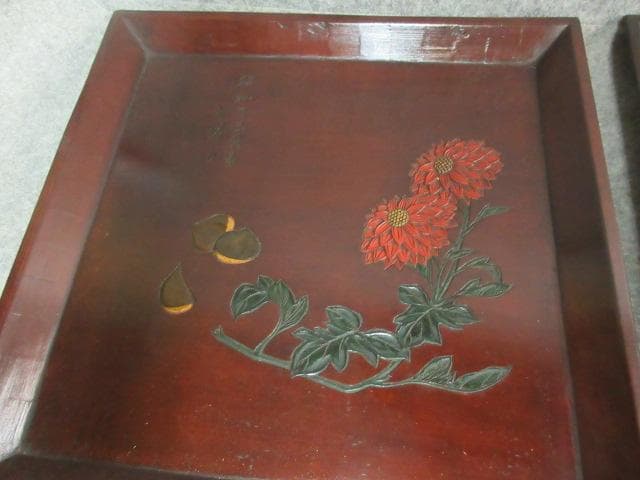 讃岐 手彫り 角盆 5枚 [B23518] 絵変り 両峰山人刀 讃岐木地漆