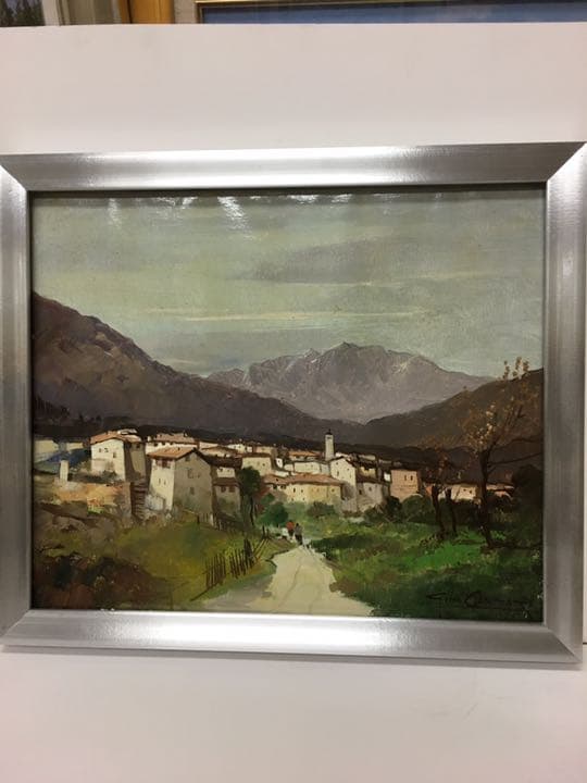 油絵肉筆画 イタリアの画家カンパリ 額縁付き銀色50センチ×43センチ