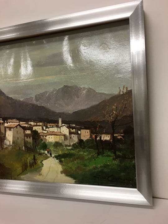 油絵肉筆画 イタリアの画家カンパリ 額縁付き銀色50センチ×43センチ