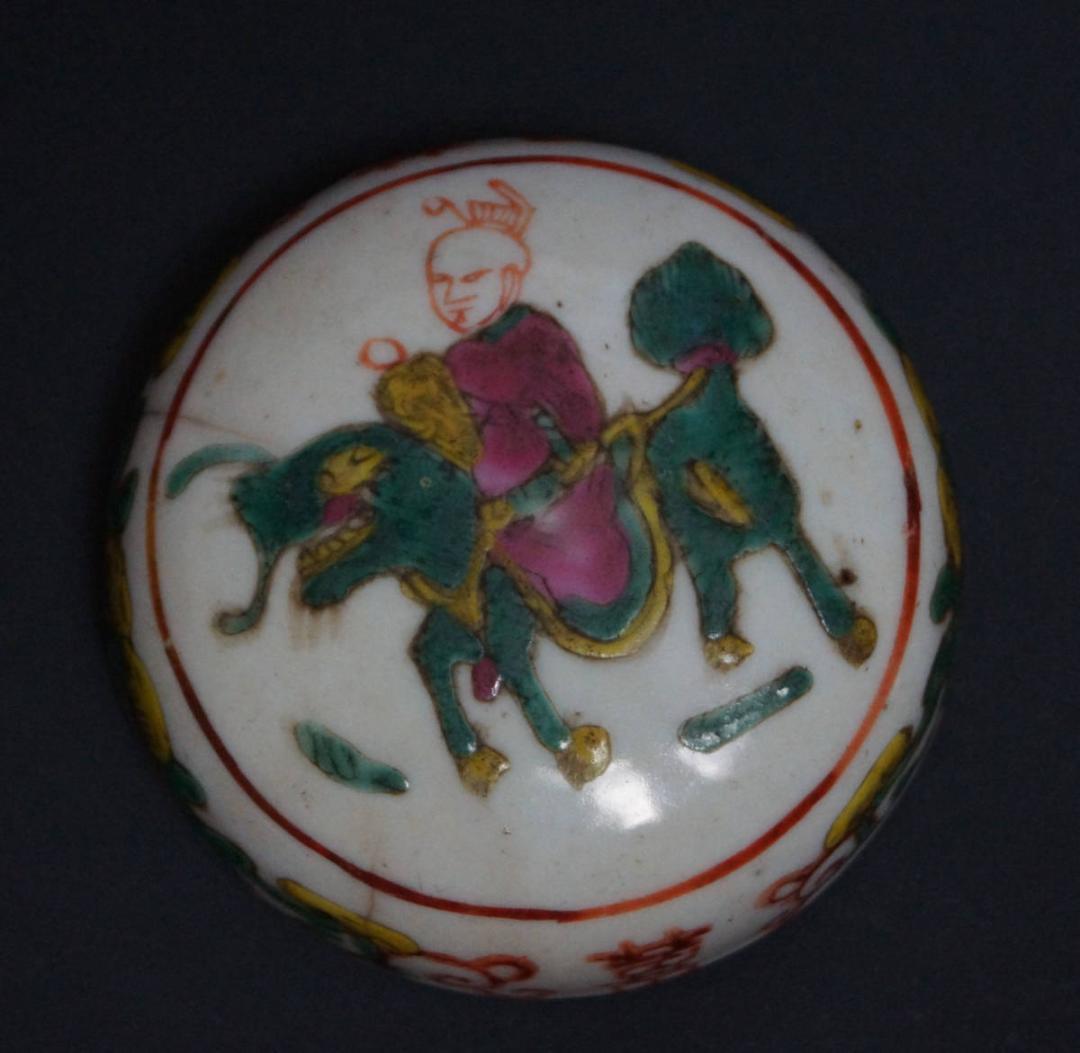 清時代 色絵『麒麟人物文』香合 丸香合 / 香道具 茶道具☆時代物☆
