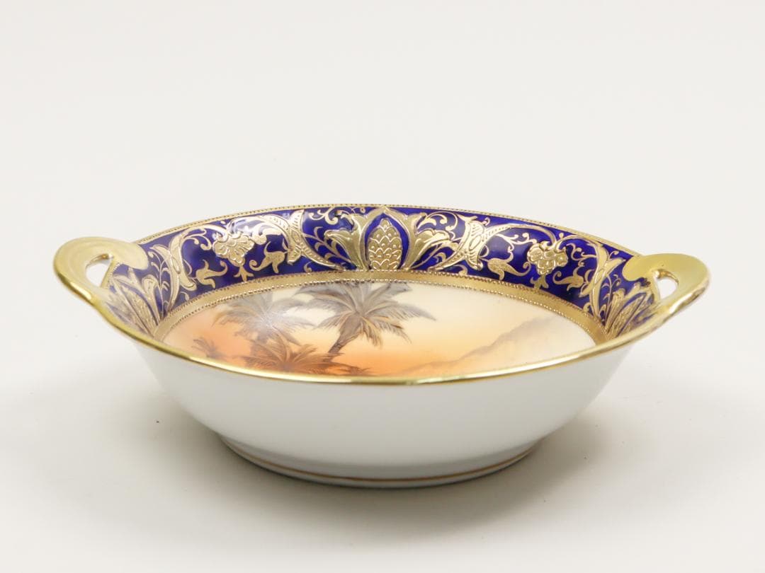 オールドノリタケ 金盛上砂漠風景 ハンドルボウル 手付鉢 飾り鉢