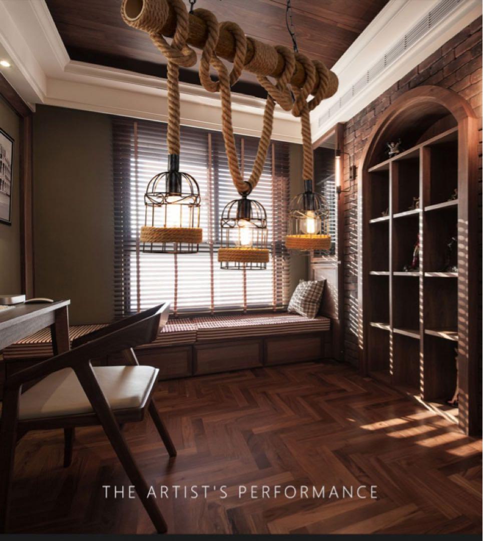 K*）様 LED電球付き ヴィンテージ風 3灯シャンデリア 木材・金属・ロープ製