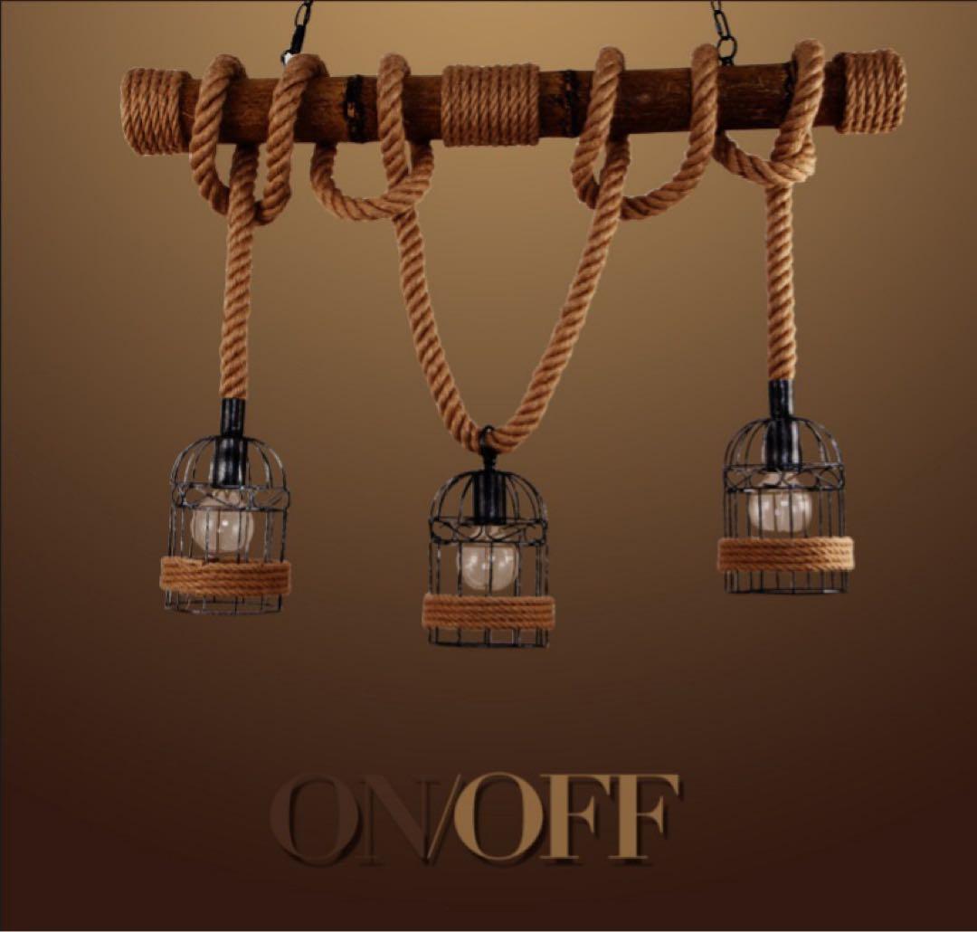 K*）様 LED電球付き ヴィンテージ風 3灯シャンデリア 木材・金属・ロープ製