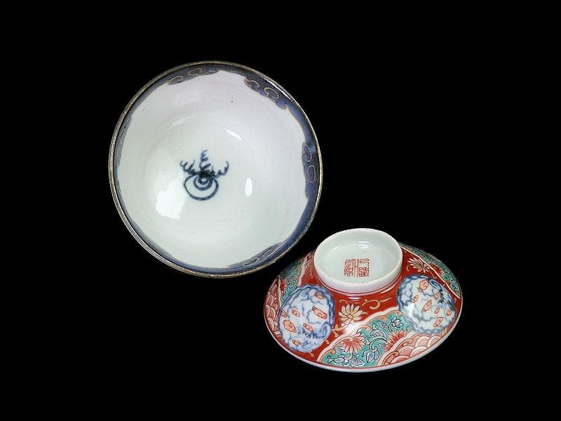 古伊万里　色絵　団龍紋　青海波に花の図　蓋茶碗　２客　D096AS-CWl