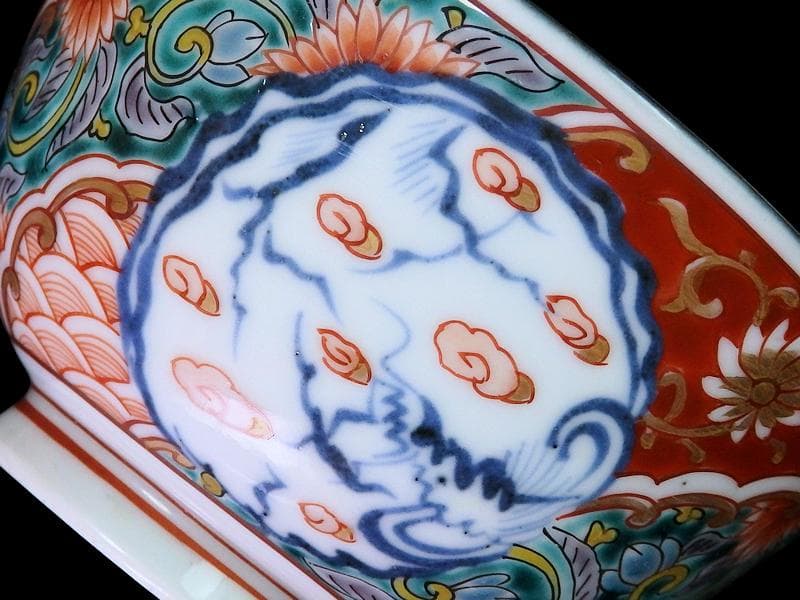 古伊万里　色絵　団龍紋　青海波に花の図　蓋茶碗　２客　D096AS-CWl