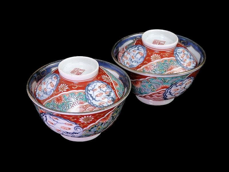 古伊万里　色絵　団龍紋　青海波に花の図　蓋茶碗　２客　D096AS-CWl