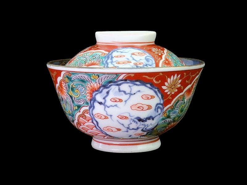 古伊万里　色絵　団龍紋　青海波に花の図　蓋茶碗　２客　D096AS-CWl