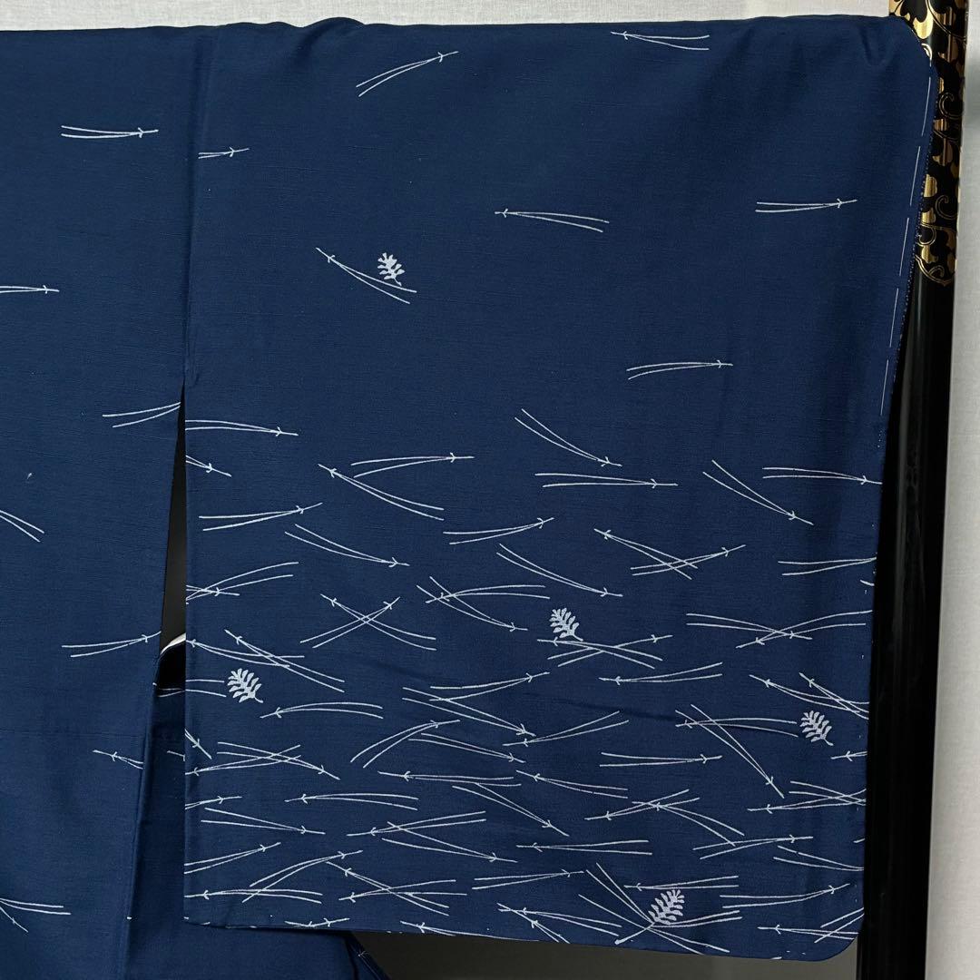 D56 訪問着 紬 吹き寄せ文 藍色 正絹 着物 袷 しつけ糸付き未使用極美品