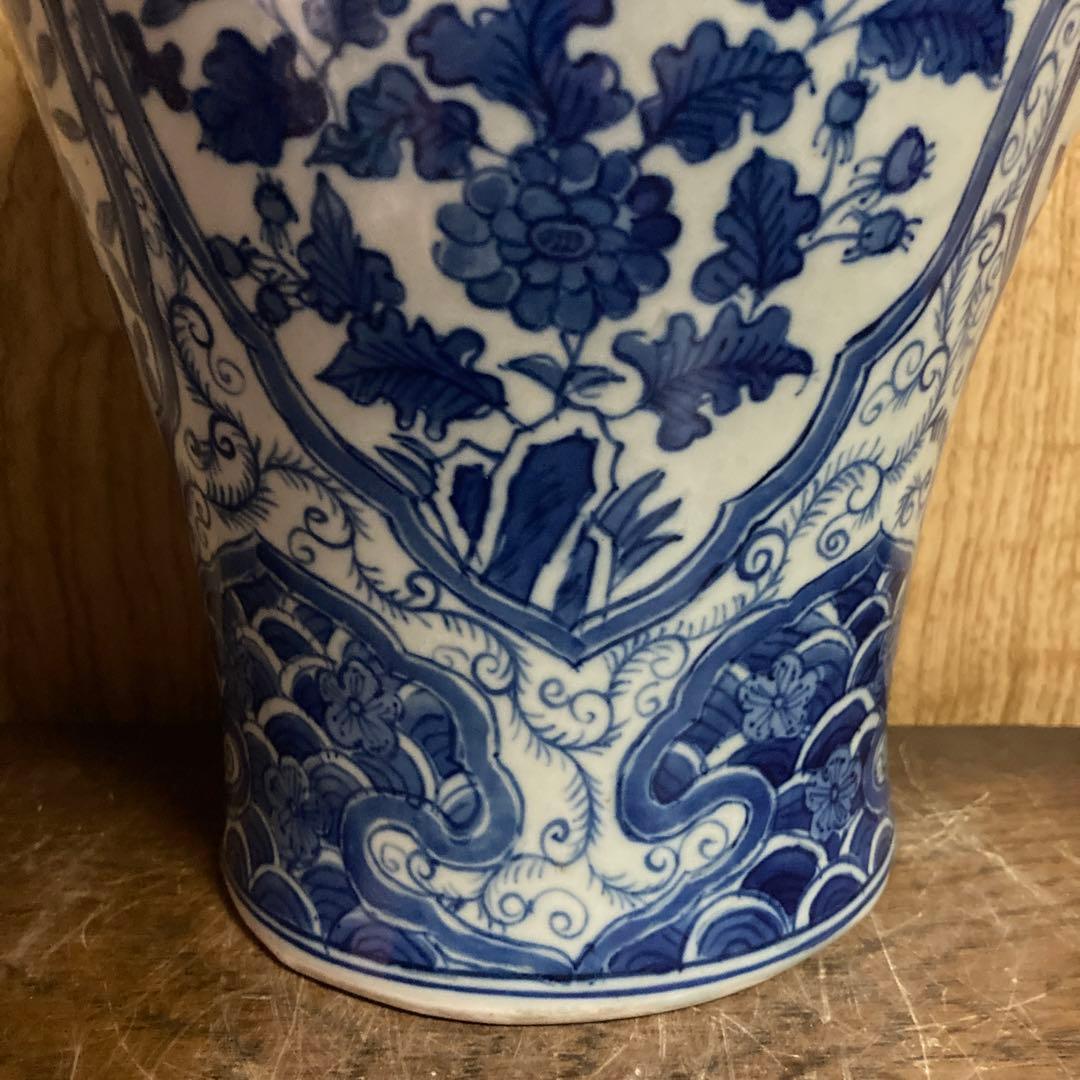 中国　染付　瓶　梅瓶　花鳥波之図　康熙年製銘