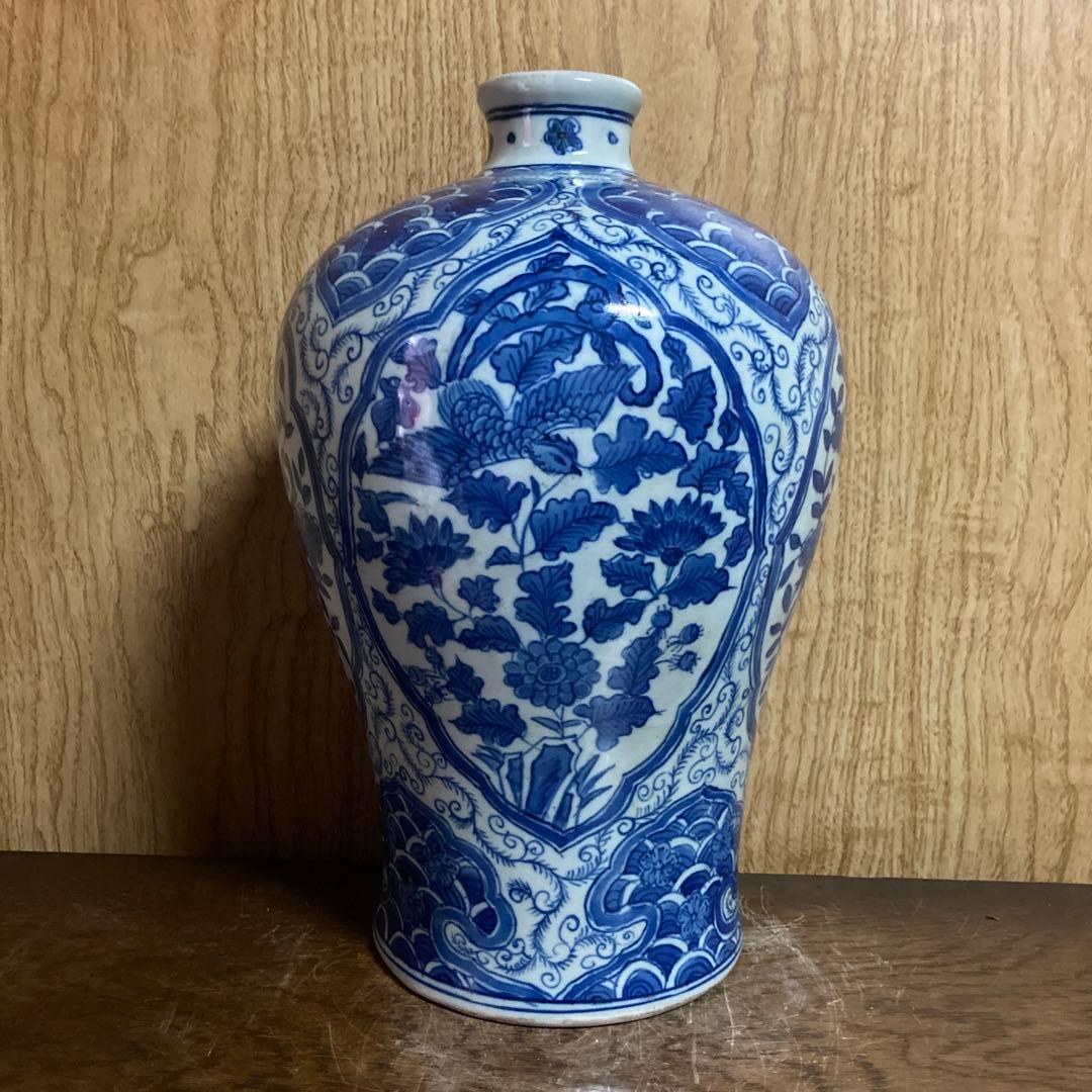中国　染付　瓶　梅瓶　花鳥波之図　康熙年製銘