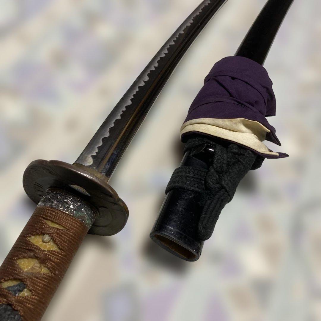 居合刀(刀袋付) 茶柄 竹笹木瓜真鍮鍔 黒梨地呂鞘