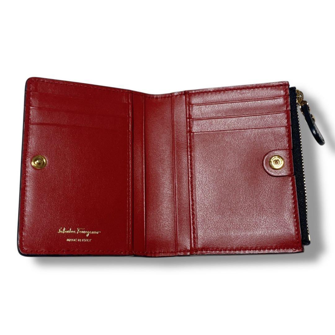 サルバトーレフェラガモ 良品 イタリア製ハラコヴァラリボン 2つ折り財布ブラック