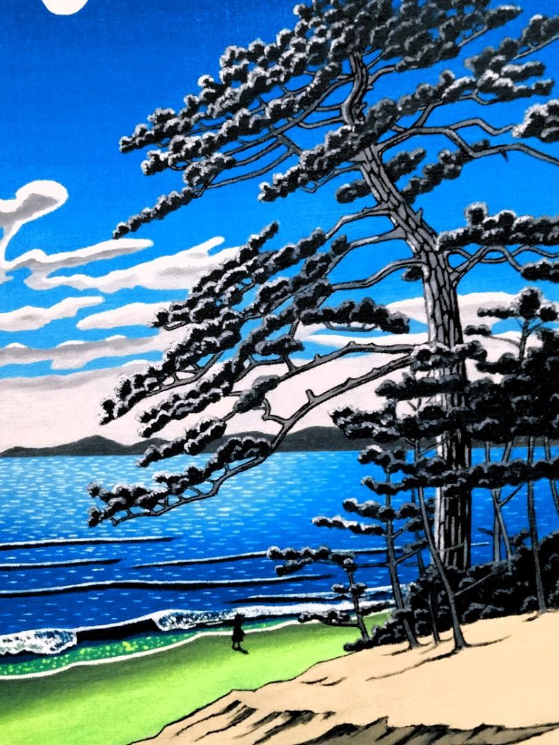 ★川瀬巴水(二宮海岸)模写・谷村一男肉筆油彩画・F6・新品額付き