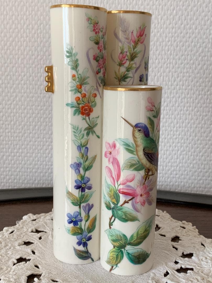✨特別価格✨ロイヤルウースター金彩耳付き花鳥文様3連管の花瓶　英国アンティーク