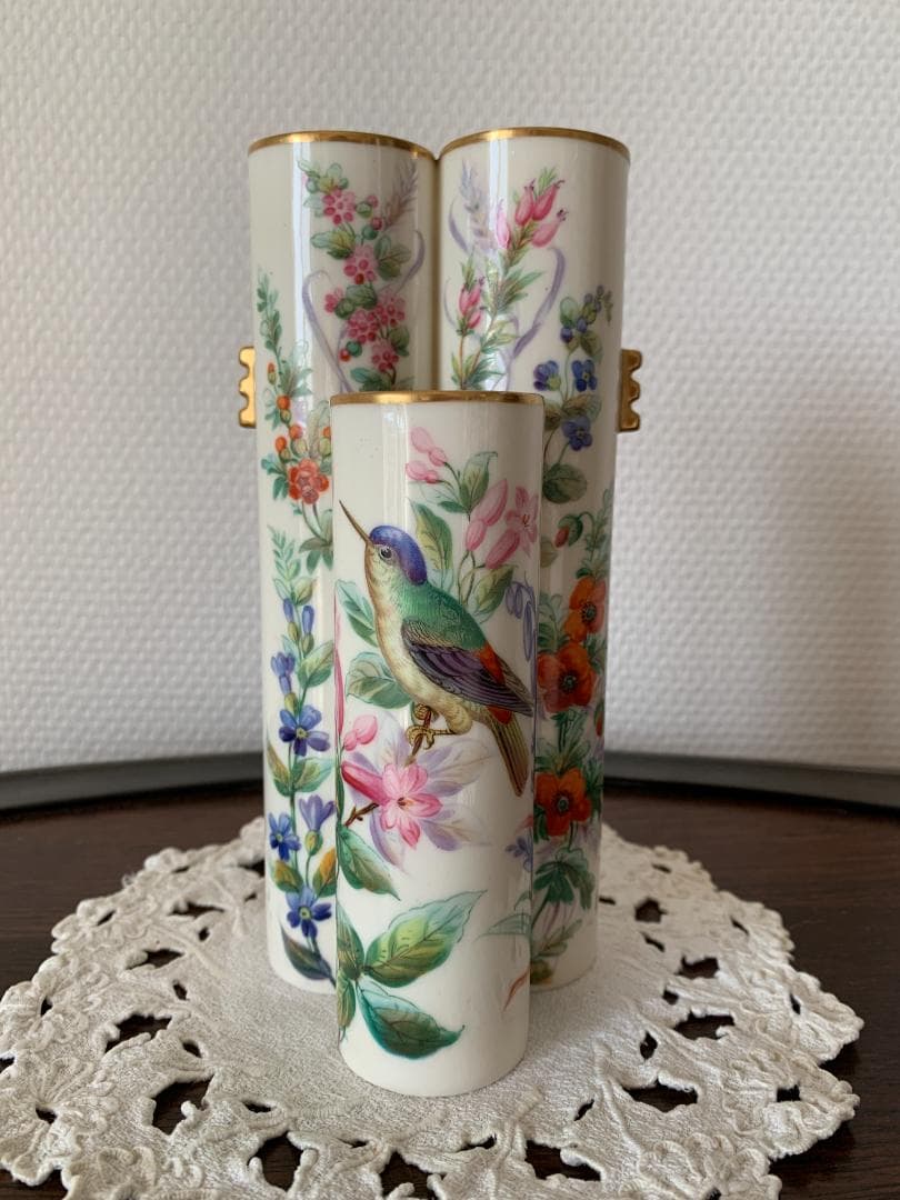 ✨特別価格✨ロイヤルウースター金彩耳付き花鳥文様3連管の花瓶　英国アンティーク