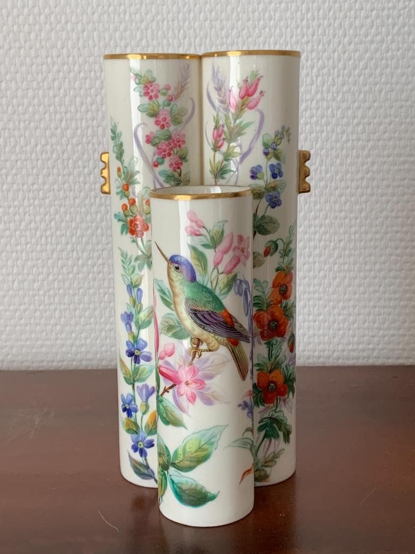 ✨特別価格✨ロイヤルウースター金彩耳付き花鳥文様3連管の花瓶　英国アンティーク