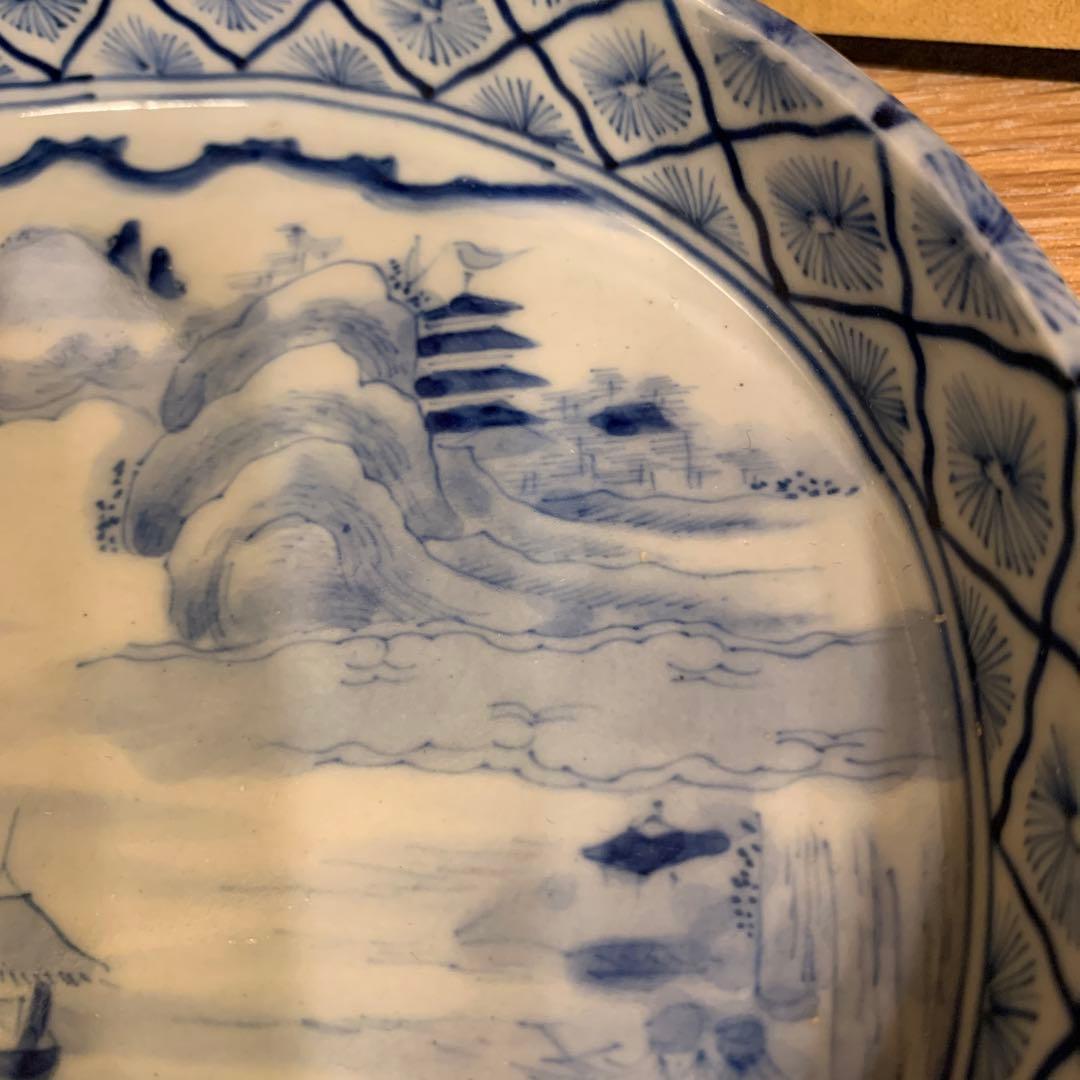 アンティーク　中国美術　極密画工　山水染付皿　1客