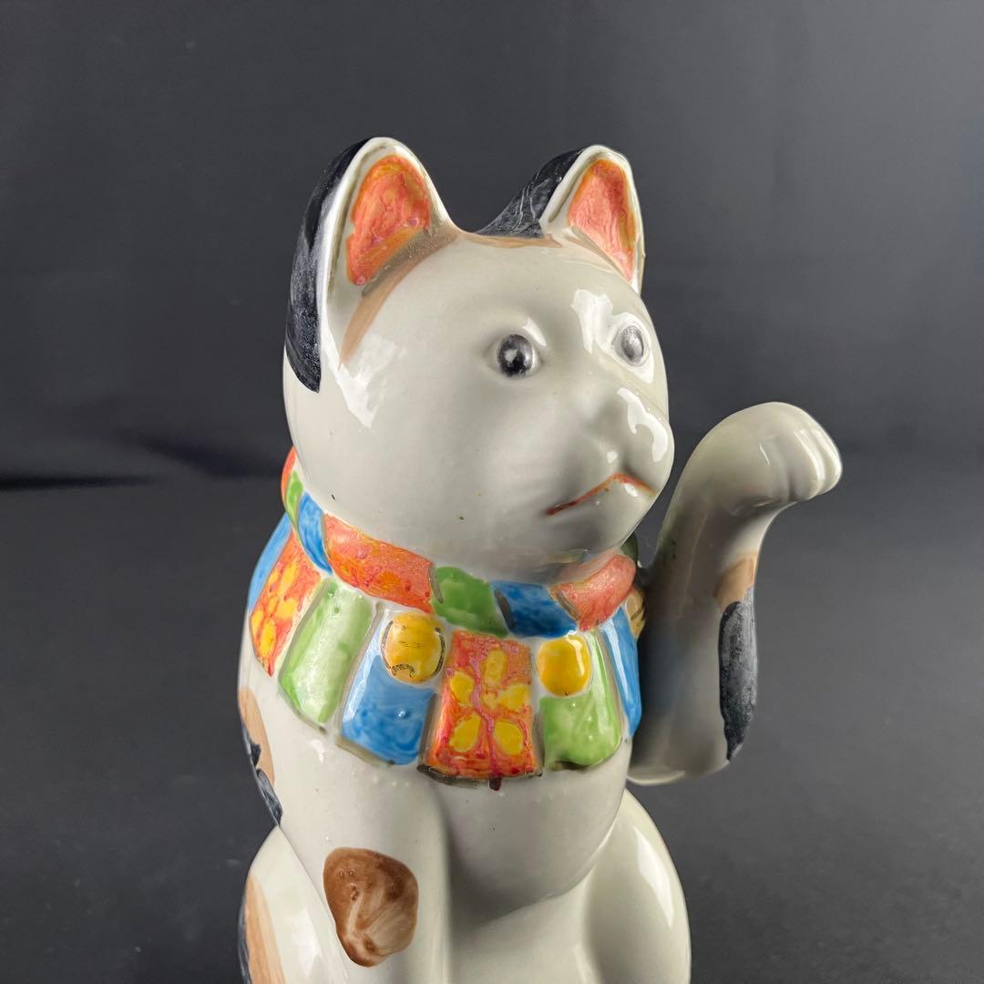 大正時代　手塗り色絵　可愛い招き猫　招福　縁起物　陶器　置物　25センチ
