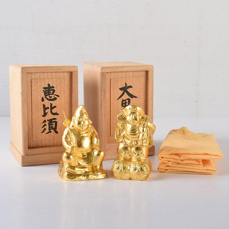 彫刻家　富永直樹作　銅鍍金　大黒天　恵比須像　七福神　2点　共箱　V　7606