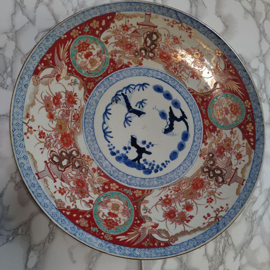 48cm 超特大 古伊万里 赤絵 金彩 骨董 飾り皿 伊万里焼（大型・送料込）