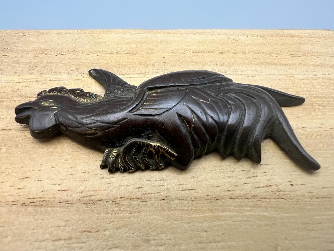 【海】江戸明治期　雄鶏形　ニワトリ　手彫　大目貫　金具　銅製鍍金　骨董品