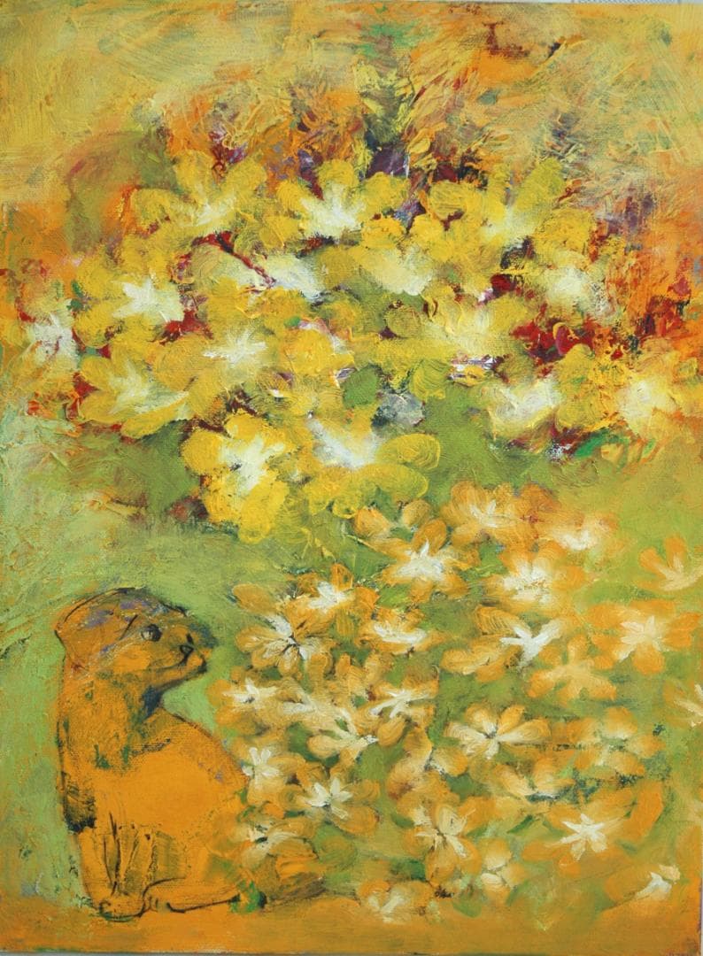 油絵 菅家令子 絵 絵画インテリア額付(青緑＋金色の枠) uF6-050220犬