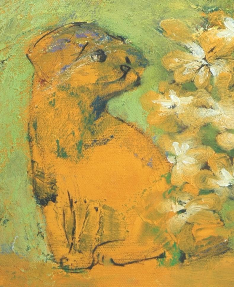 油絵 菅家令子 絵 絵画インテリア額付(青緑＋金色の枠) uF6-050220犬